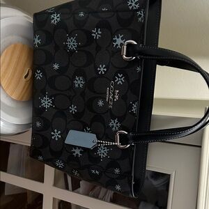Coach Black Tote with Light Blue Snowflake Print